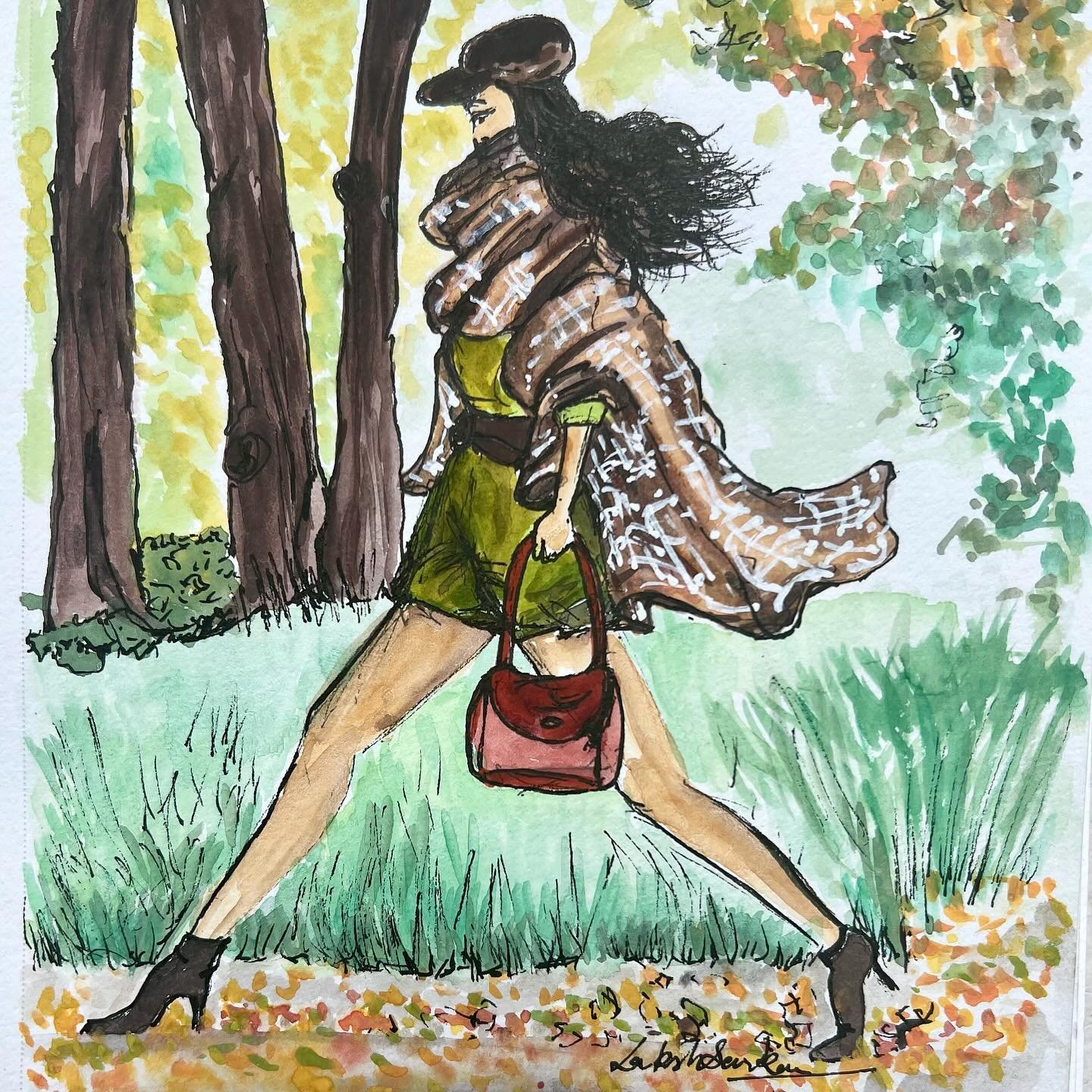 I started sketching this girl in her fall outfit and imagined her with a city skyline in the background and some trees with fall colors. She&rsquo;s definitely not dressed for a hike in the woods - check the boots 👢! 
But I was on the phone with my 