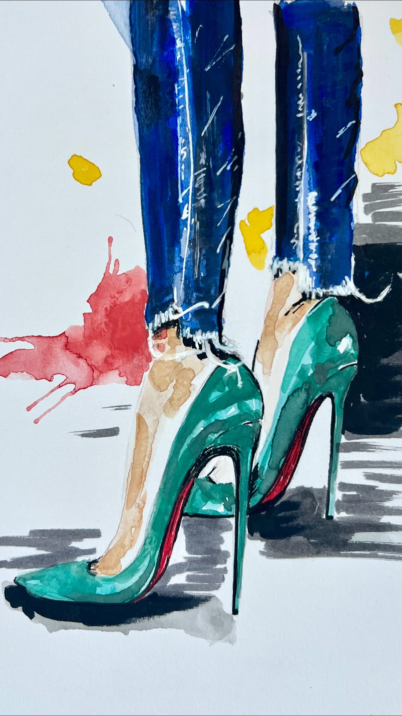 Watercolor Illustration of woman in Green Lououtins high heels and frayed Jeans